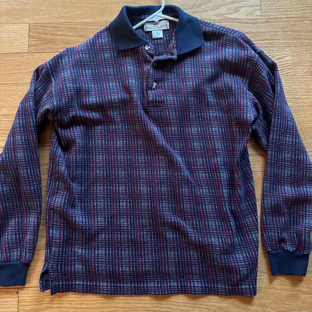 Lands' End Navy and Burgundy Plaid Polo Shirt